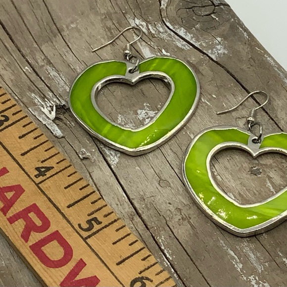Lime Green and silver tone Heart dangle earrings . Fairly lightweight. Fun! - Picture 6 of 6